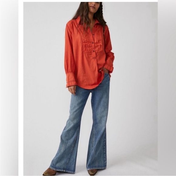 NWT Free People Black Tie Tux Shirt / Tiger Red - Picture 5 of 15